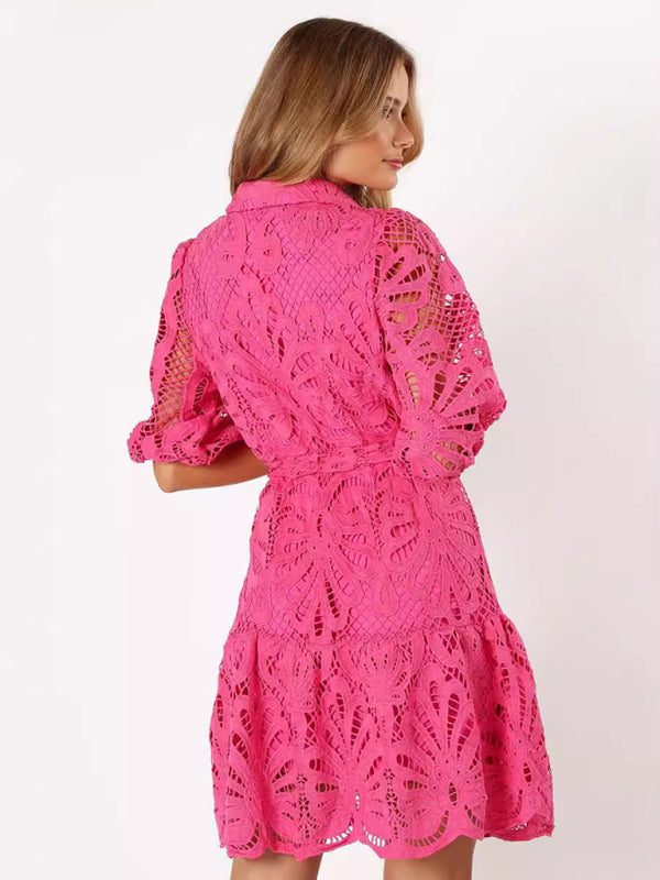 Lace Floral Button-Up Midi Shirt Dress – Mid Sleeve, All-Season Elegance