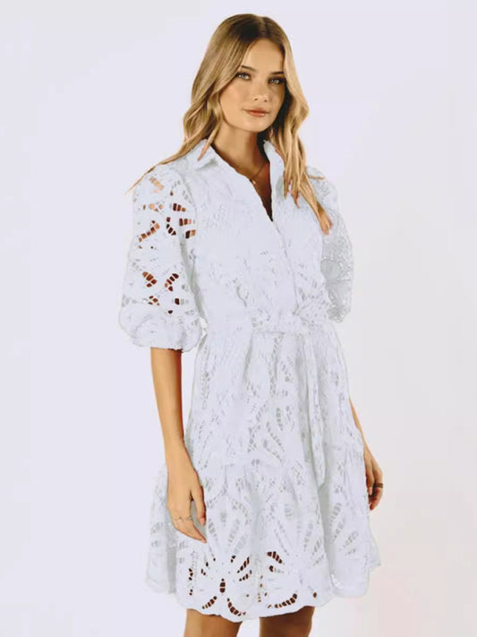 Lace Floral Button-Up Midi Shirt Dress – Mid Sleeve, All-Season Elegance