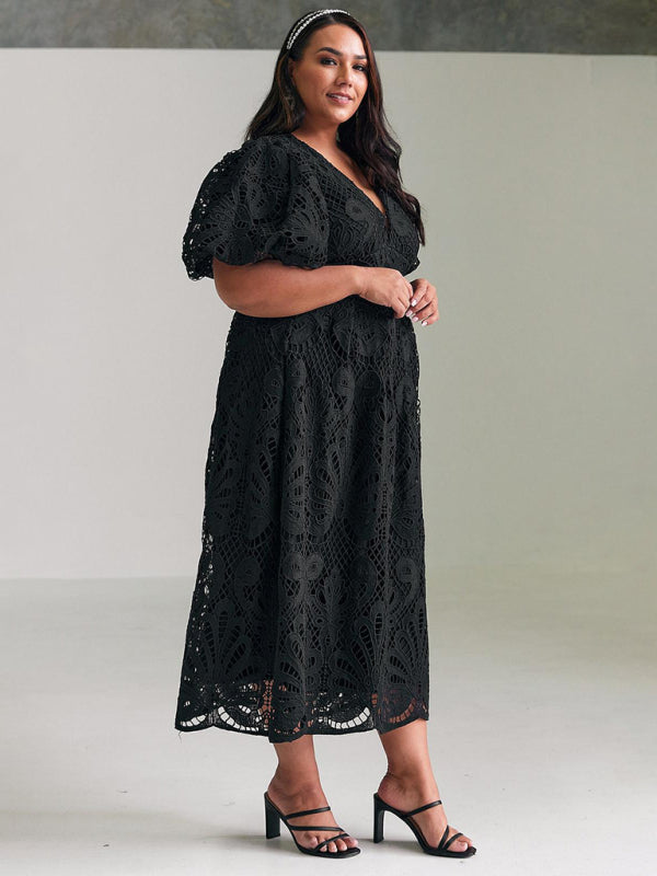 V-Neck Embroidered Slim Fit Midi Dress – Hollow Waist & Woven Detailing