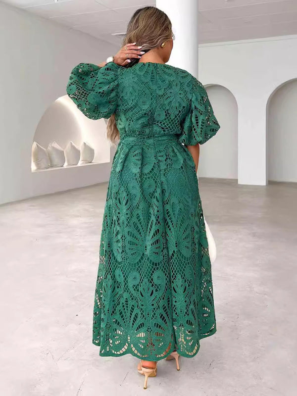 V-Neck Embroidered Slim Fit Midi Dress – Hollow Waist & Woven Detailing