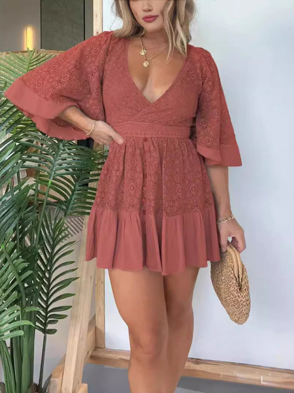 Lace Patchwork Bat Sleeve Midi Dress - Deep V Neck, Elegant Daily Style