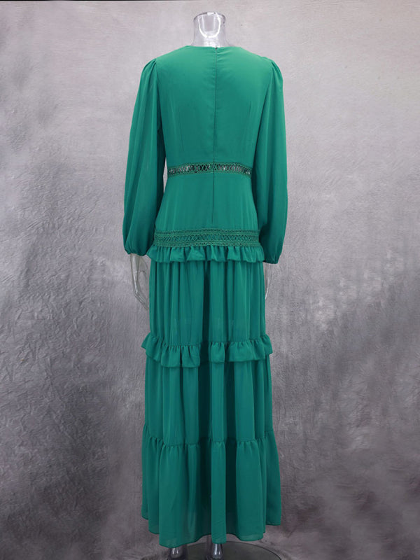 Elegant Patchwork V-Neck Midi Dress – Long Sleeve Autumn-Winter Look