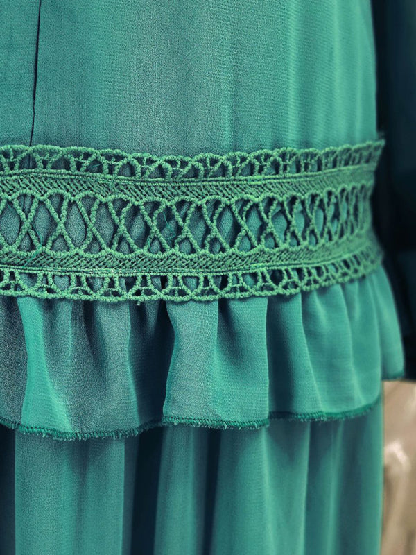 Elegant Patchwork V-Neck Midi Dress – Long Sleeve Autumn-Winter Look