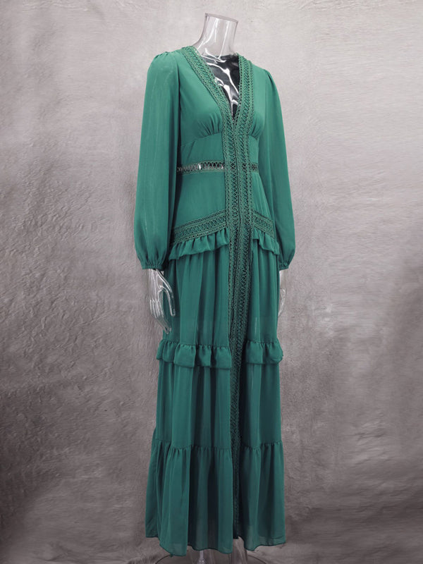Elegant Patchwork V-Neck Midi Dress – Long Sleeve Autumn-Winter Look