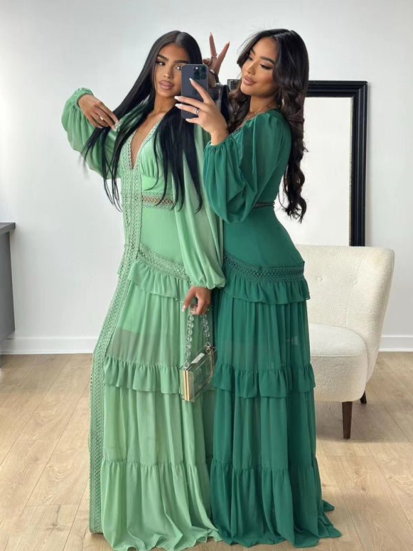 Elegant Patchwork V-Neck Midi Dress – Long Sleeve Autumn-Winter Look