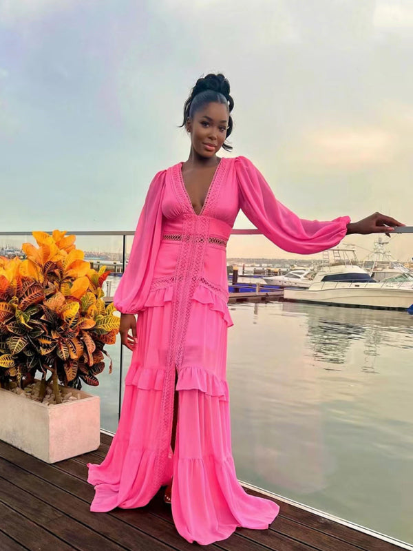 Elegant Patchwork V-Neck Midi Dress – Long Sleeve Autumn-Winter Look