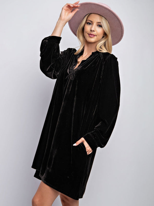 Velvet V-Neck Long Sleeve Midi Dress – Solid Color, Loose Fit