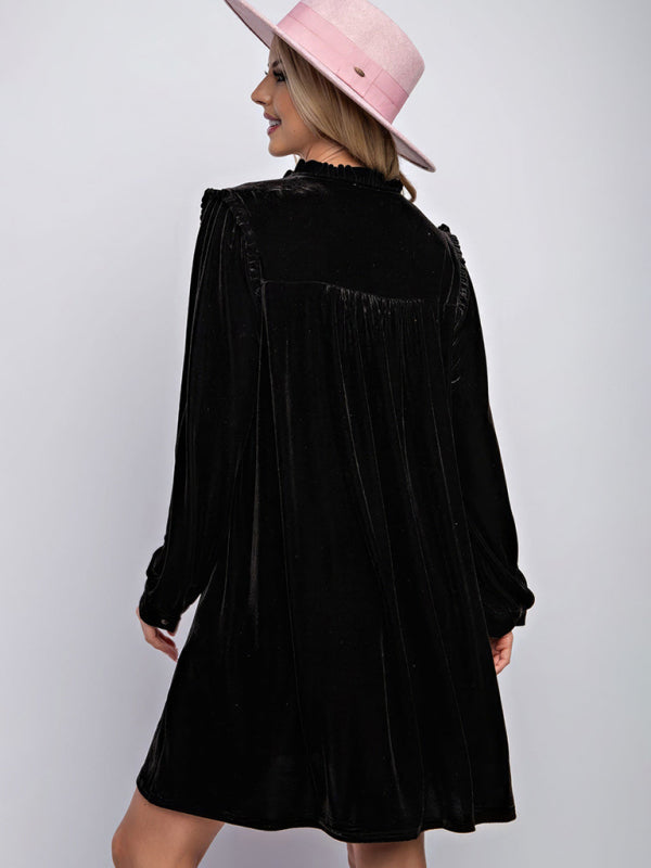 Velvet V-Neck Long Sleeve Midi Dress – Solid Color, Loose Fit