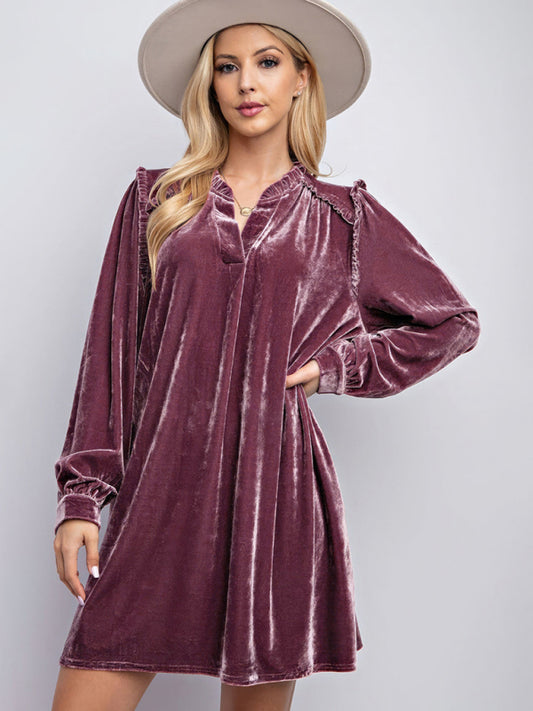 Velvet V-Neck Long Sleeve Midi Dress – Solid Color, Loose Fit