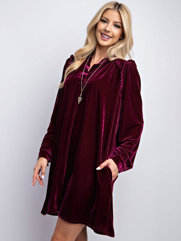 Velvet V-Neck Long Sleeve Midi Dress – Solid Color, Loose Fit