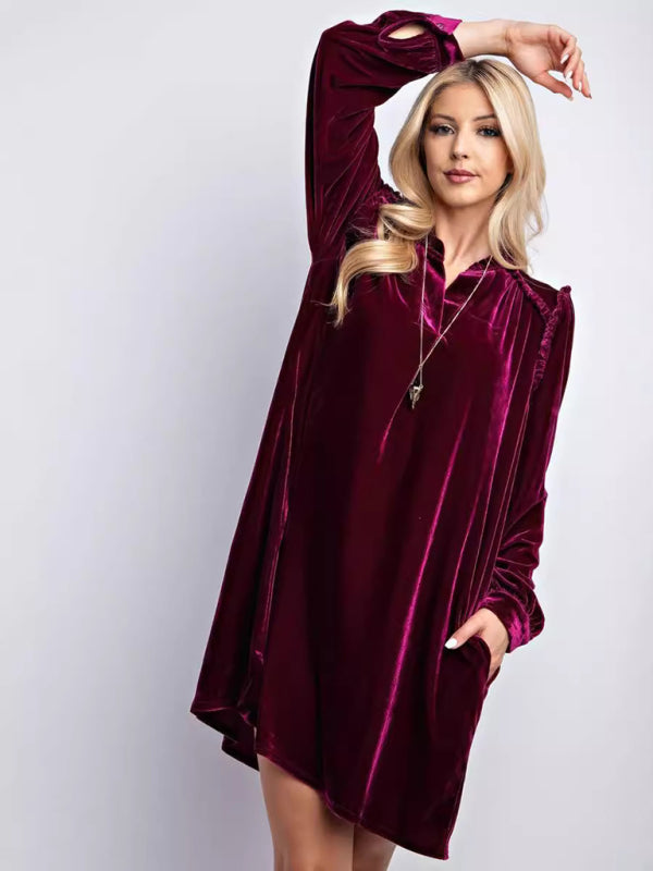 Velvet V-Neck Long Sleeve Midi Dress – Solid Color, Loose Fit