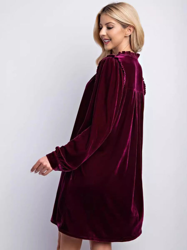 Velvet V-Neck Long Sleeve Midi Dress – Solid Color, Loose Fit