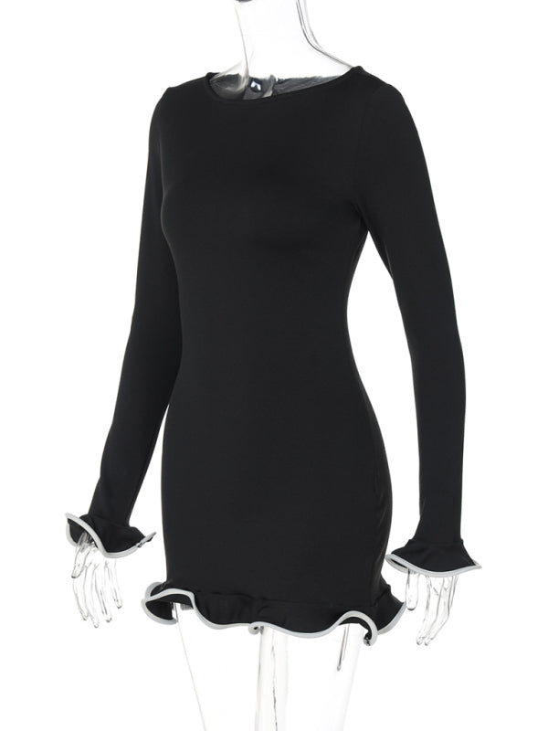 Ruffle Bodycon Mini Dress – Round Neck, Knit Fit, All-Season Style