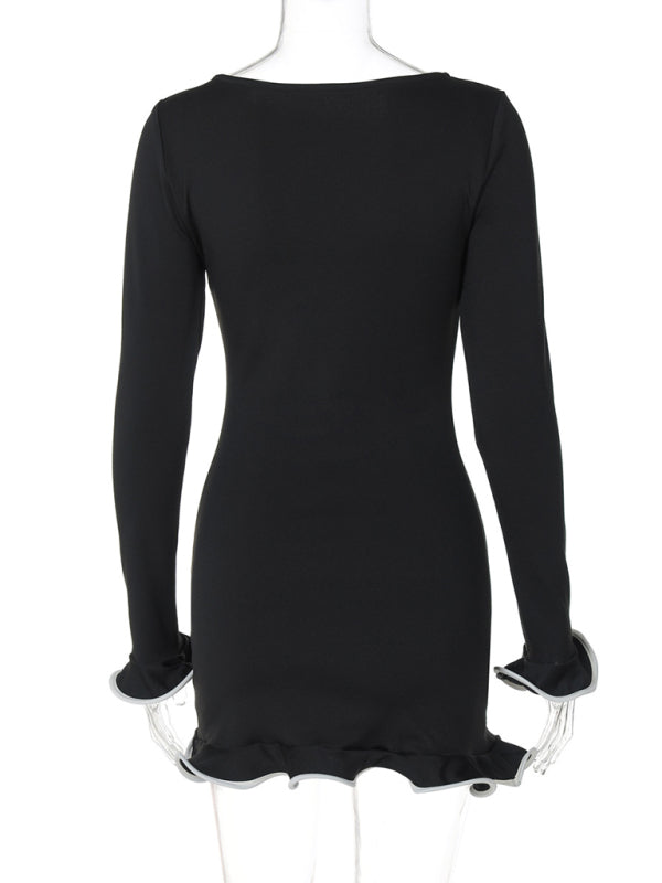 Ruffle Bodycon Mini Dress – Round Neck, Knit Fit, All-Season Style