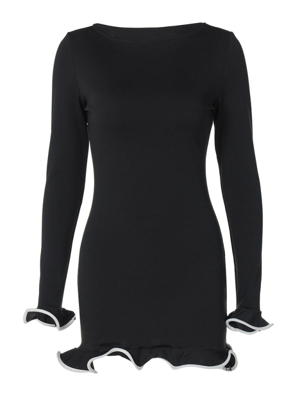 Ruffle Bodycon Mini Dress – Round Neck, Knit Fit, All-Season Style