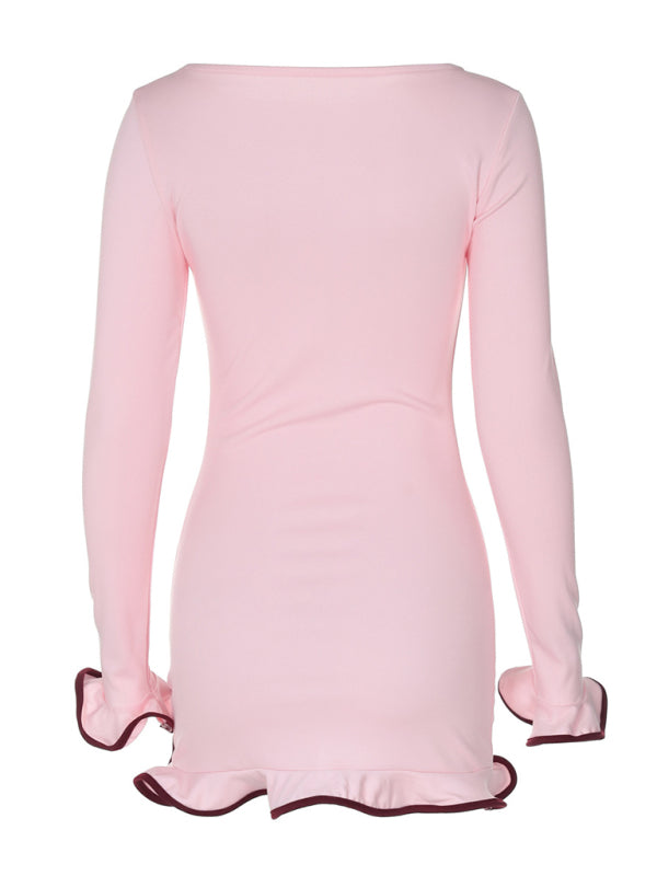 Ruffle Bodycon Mini Dress – Round Neck, Knit Fit, All-Season Style