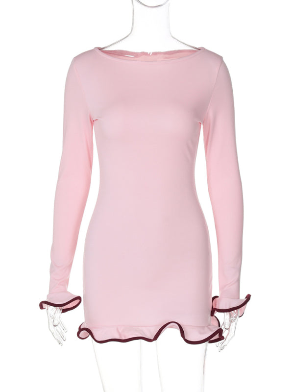 Ruffle Bodycon Mini Dress – Round Neck, Knit Fit, All-Season Style