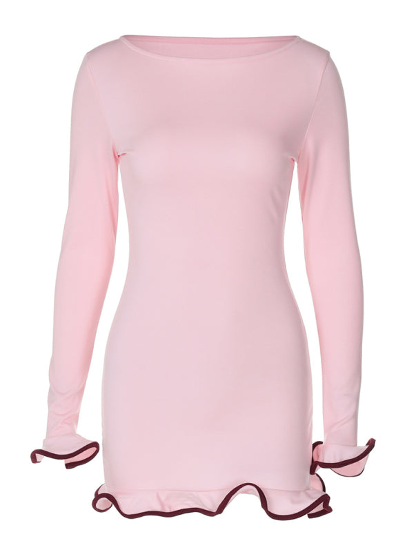 Ruffle Bodycon Mini Dress – Round Neck, Knit Fit, All-Season Style