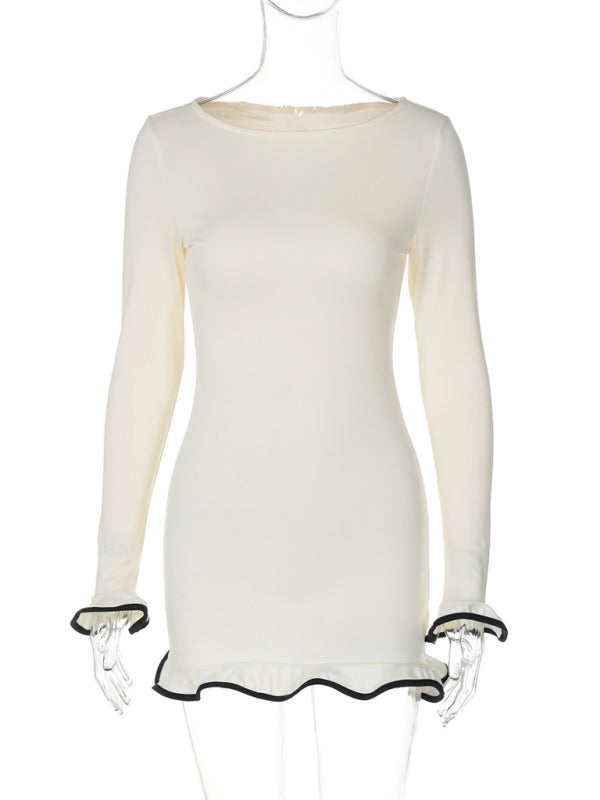 Ruffle Bodycon Mini Dress – Round Neck, Knit Fit, All-Season Style