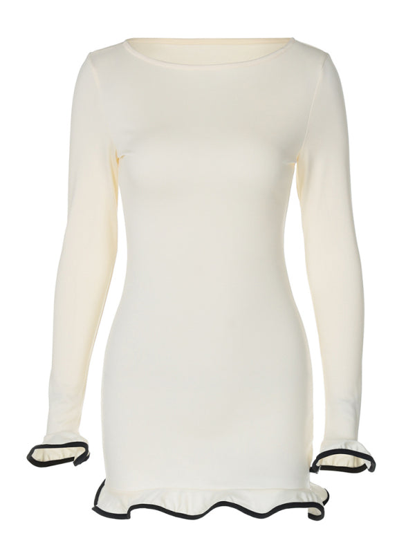 Ruffle Bodycon Mini Dress – Round Neck, Knit Fit, All-Season Style