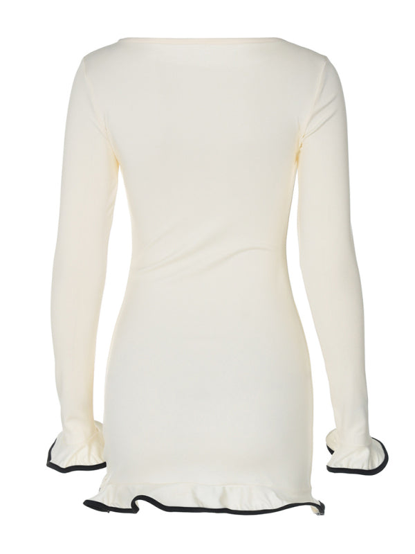 Ruffle Bodycon Mini Dress – Round Neck, Knit Fit, All-Season Style