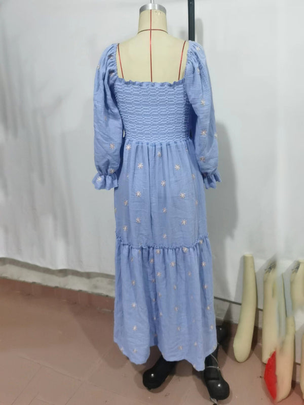 New style casual trumpet sleeves embroidered square collar sunflower swing blue dress