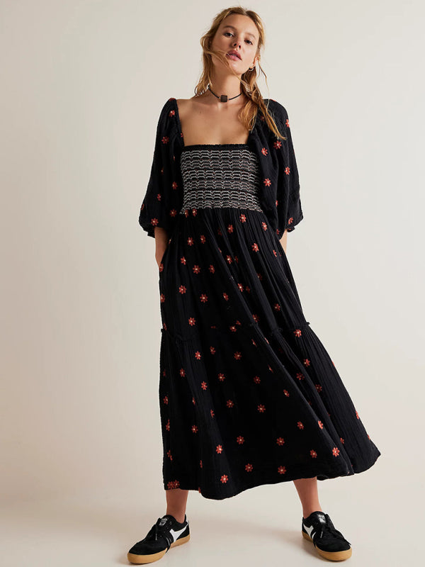 Black Midi Dress with Square Neck & Sunflower Embroidery – Woven, Relaxed Fit