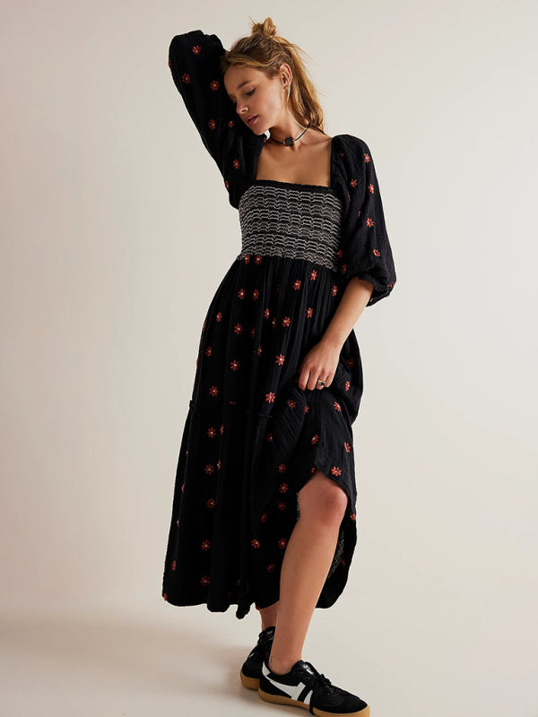 Black Midi Dress with Square Neck & Sunflower Embroidery – Woven, Relaxed Fit