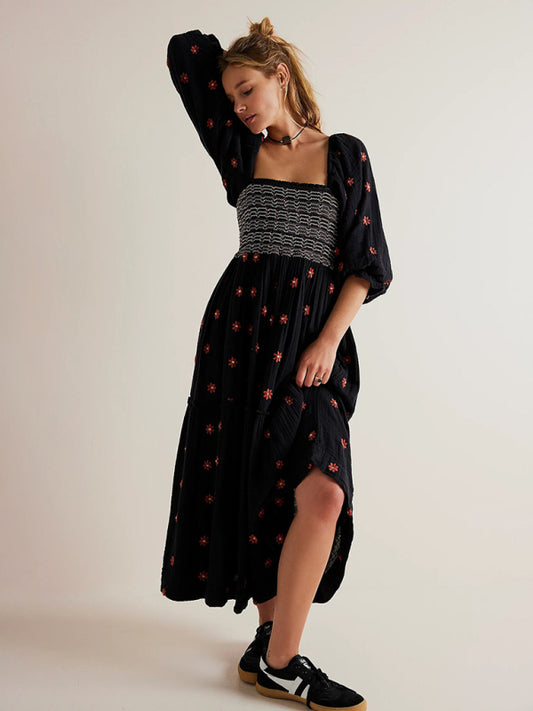 Black Midi Dress with Square Neck & Sunflower Embroidery – Woven, Relaxed Fit