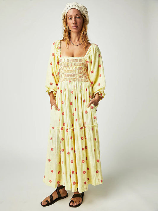 Embroidered Sunflower Midi Dress – Light Yellow Square-Neck Casual Fit