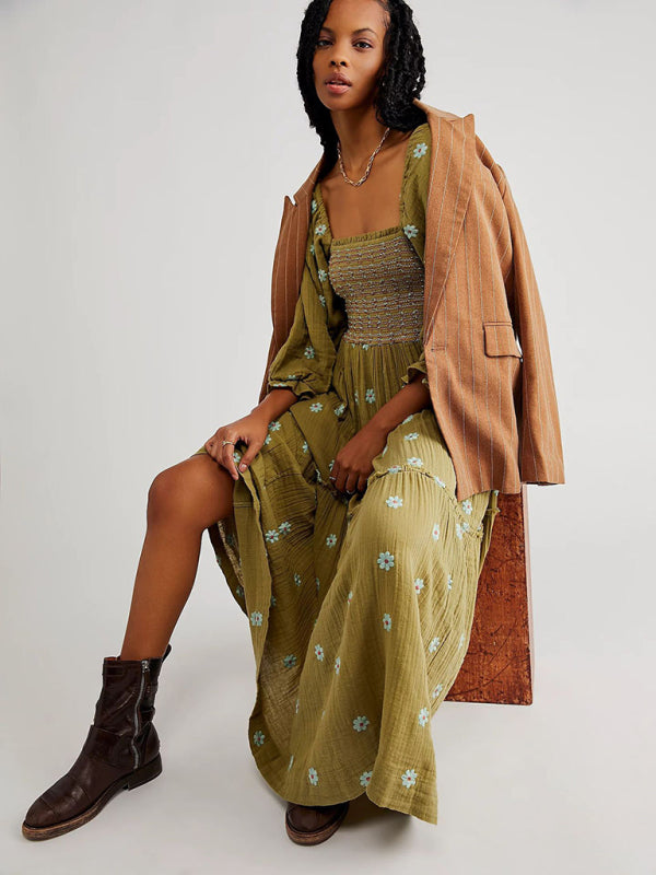 Embroidered Sunflower Green Midi Dress – Square Neckline & Woven Fabric