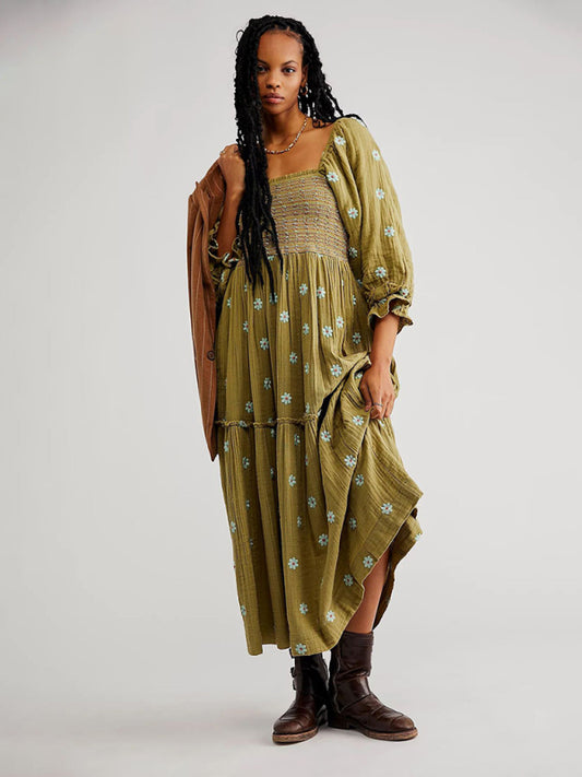 Embroidered Sunflower Green Midi Dress – Square Neckline & Woven Fabric