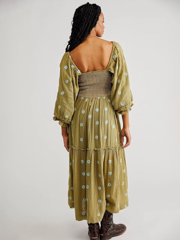 Embroidered Sunflower Green Midi Dress – Square Neckline & Woven Fabric