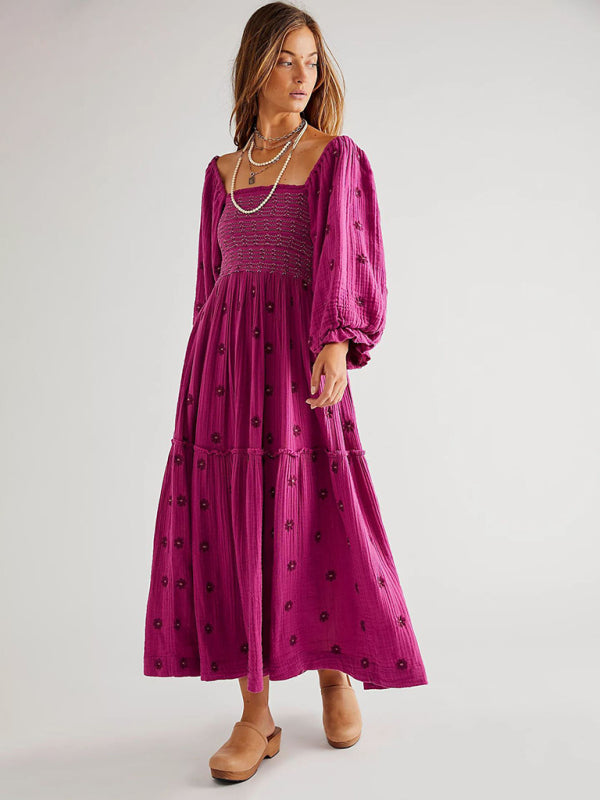 Sunflower Embroidered Rose Red Midi Dress – Square Collar, Woven Fabric