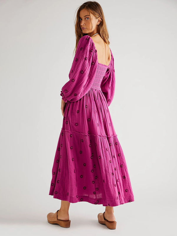 Sunflower Embroidered Rose Red Midi Dress – Square Collar, Woven Fabric