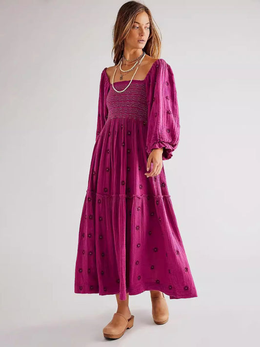 Sunflower Embroidered Rose Red Midi Dress – Square Collar, Woven Fabric