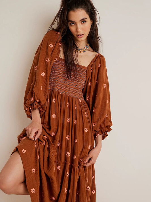 Sunflower Embroidered Brown Midi Dress - Square Neck & Long Sleeves