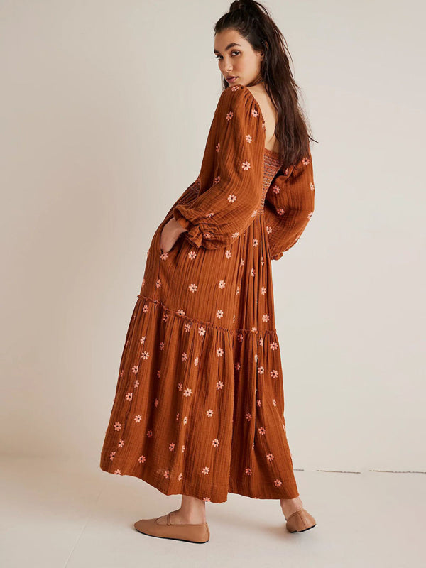 Sunflower Embroidered Brown Midi Dress - Square Neck & Long Sleeves