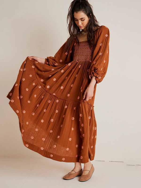 Sunflower Embroidered Brown Midi Dress - Square Neck & Long Sleeves