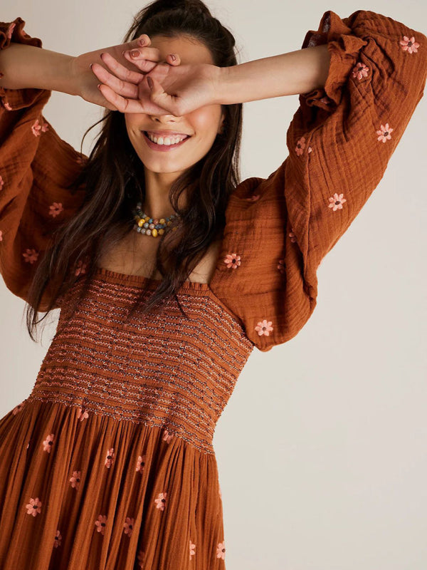 Sunflower Embroidered Brown Midi Dress - Square Neck & Long Sleeves