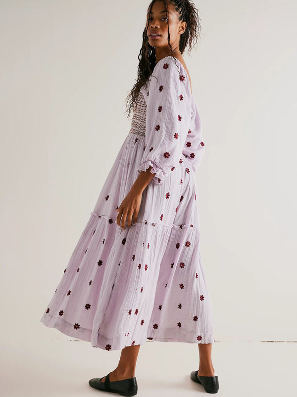 Lavender Sunflower Embroidered Midi Dress – Square Neck & Long Sleeves