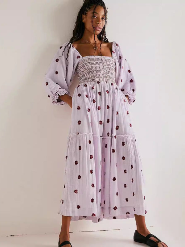 Lavender Sunflower Embroidered Midi Dress – Square Neck & Long Sleeves