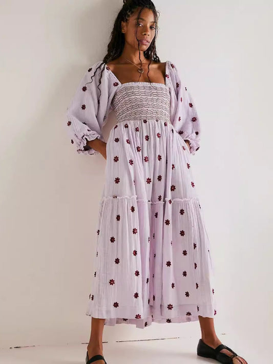 Lavender Sunflower Embroidered Midi Dress – Square Neck & Long Sleeves