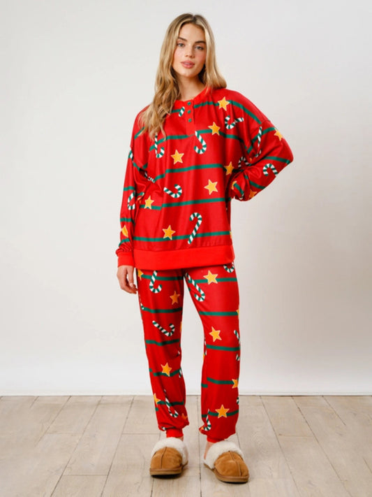 Christmas Print Buttoned Lounge Set – Long Sleeve Top & Knit Pants
