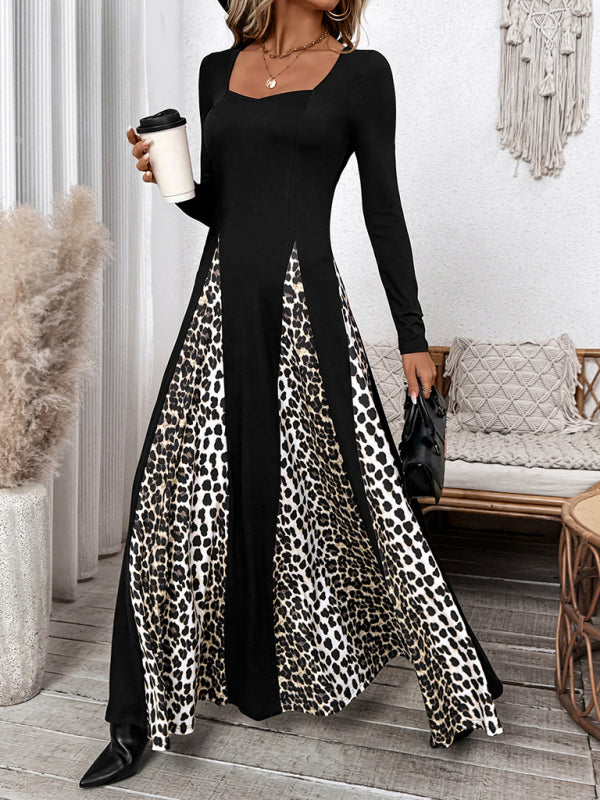 Leopard Print Long Sleeve Wide-Leg Maxi Dress – Retro High Waist Knit