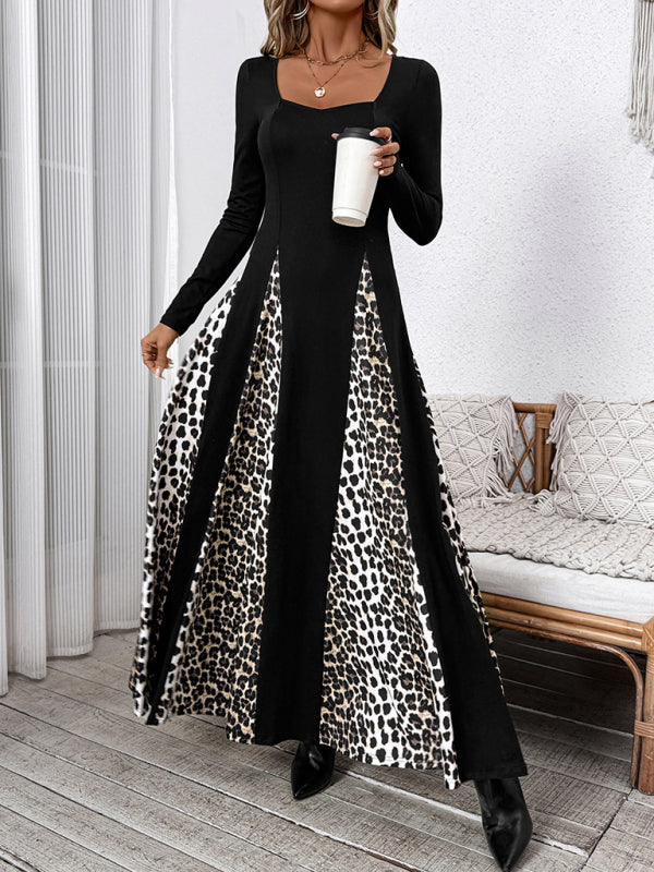 Leopard Print Long Sleeve Wide-Leg Maxi Dress – Retro High Waist Knit