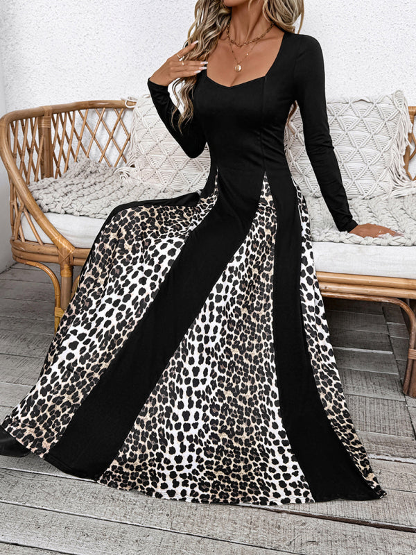 Leopard Print Long Sleeve Wide-Leg Maxi Dress – Retro High Waist Knit