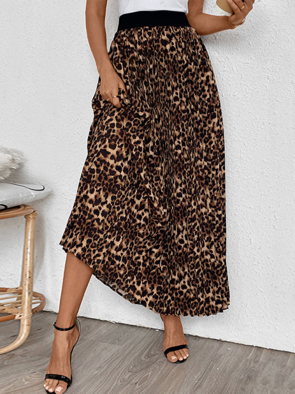 Leopard Print Pleated Midi Skirt