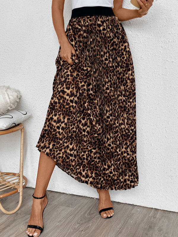 Leopard Print Pleated Midi Skirt