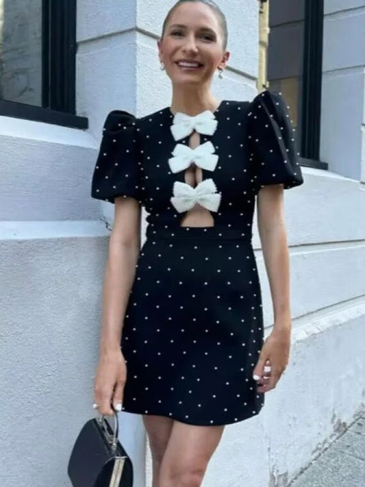 Romantic Black Polka Dot Bow Dress – Woven Midi with Self Design